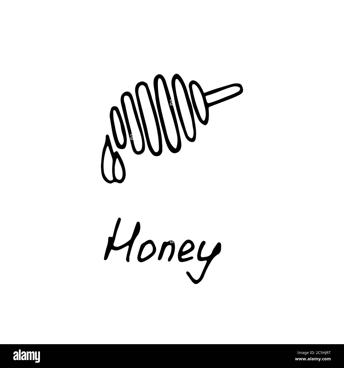 Honey Logo. Handgezeichnetes Symbol und handgeschriebene Inschrift. Vektorgrafik Stock Vektor