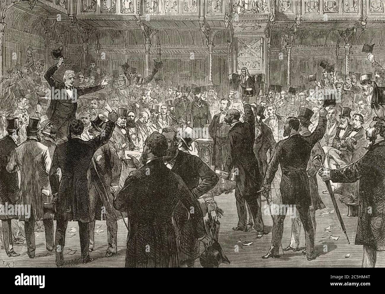 DAS REFORMGESETZ 1867 wird im Unterhaus verabschiedet, rechts sitzt Disraeli Stockfoto