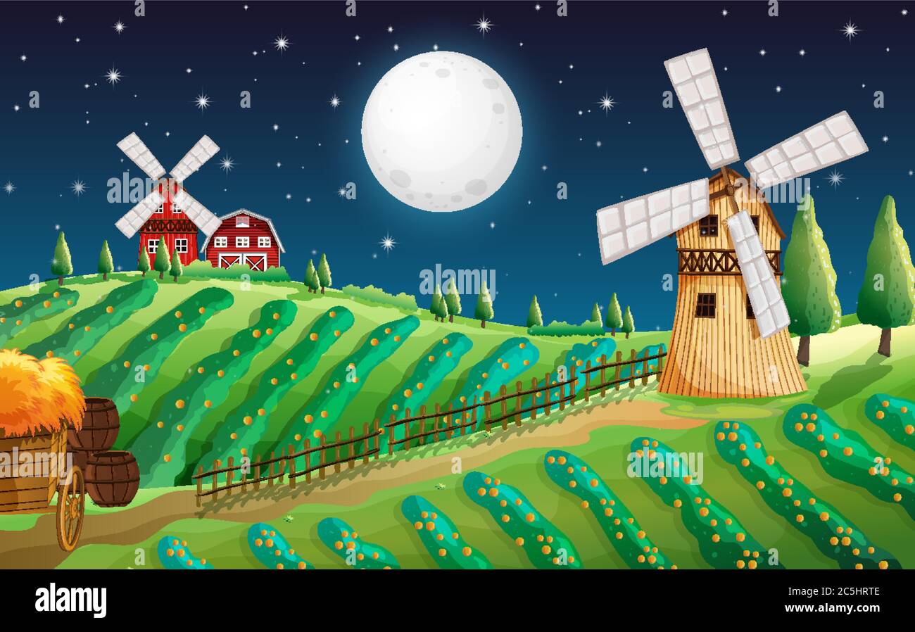 Farmszene mit Scheune und Mühle bei Nacht Illustration Stock Vektor