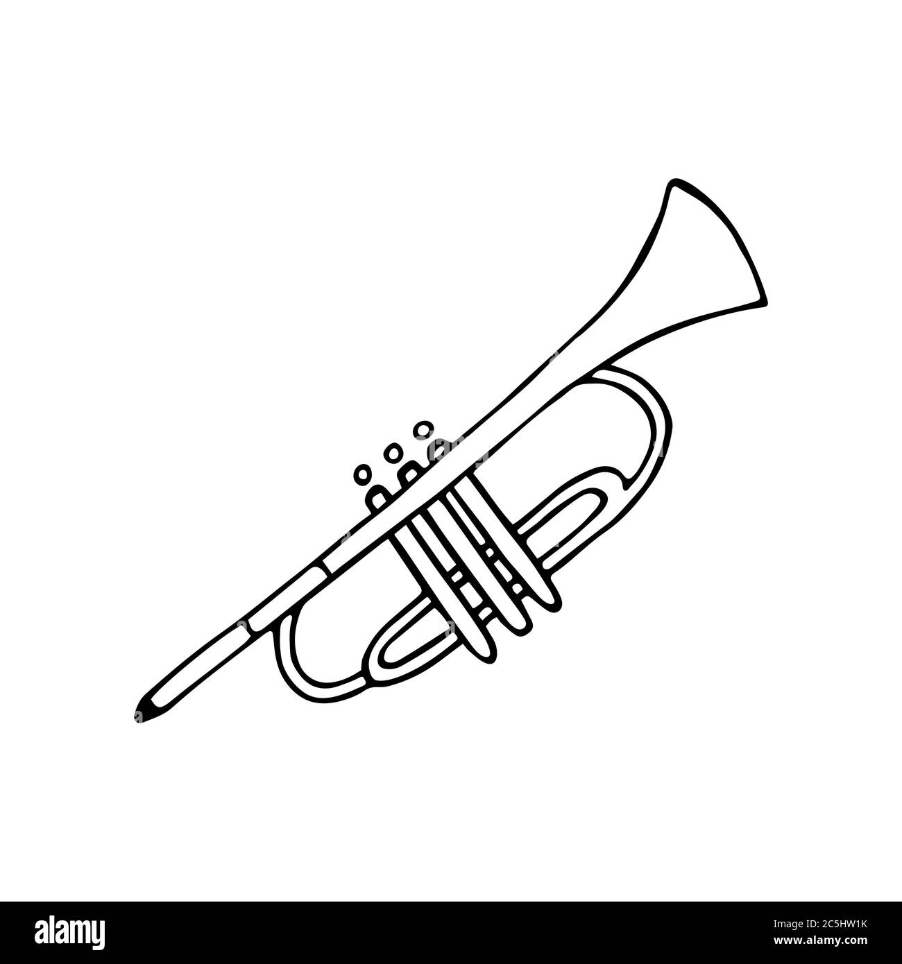 Symbol für eine Trompete. Ein Blasinstrument. Symbol für Druck und Digital. Ein handgezeichnetes Symbol der Trompete. Vektor Stock Vektor