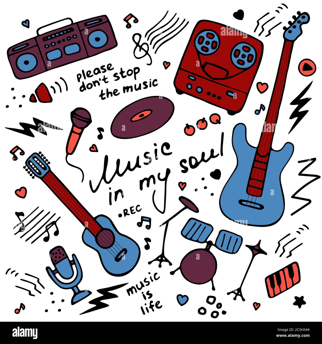 Set von musikalischen Emblem. Flache Illustrationen für Digital und Print. Musiksymbole eingestellt. Handgeschriebene Inschrift Musik in meiner Seele. Vektor Stock Vektor
