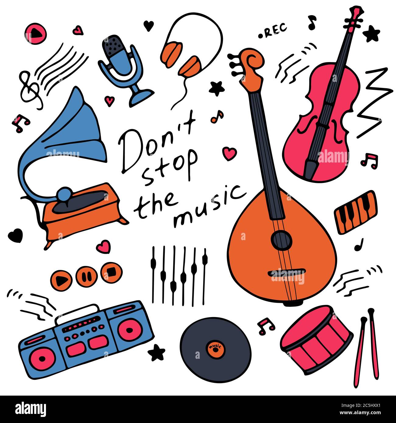 Musikinstrumente Icon Set für Print und Digital. Handgezeichnete Grafiken. Handgeschriebene Inschrift Don t stop the music. Vektor Stock Vektor