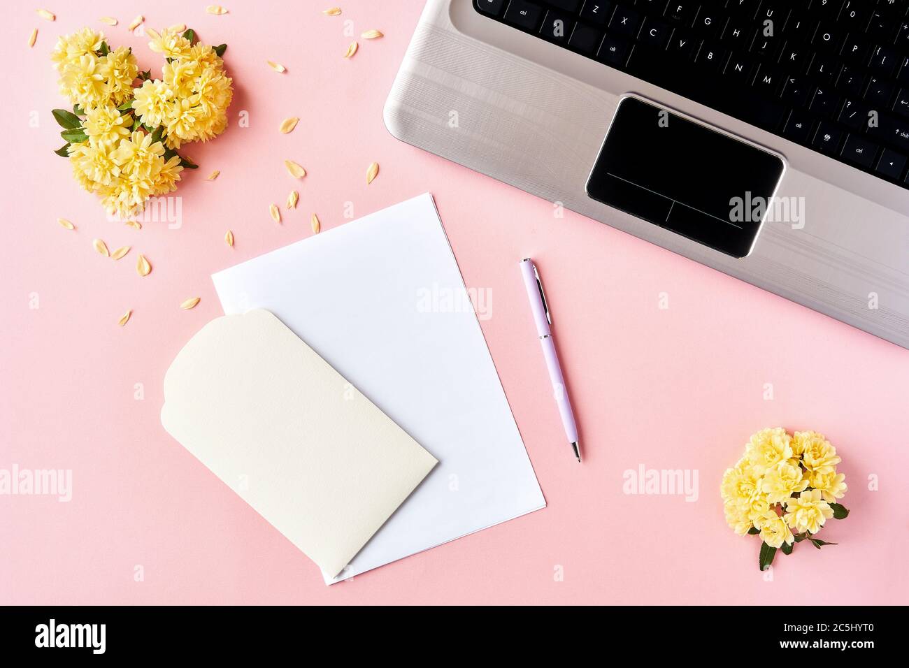 Home Office Schreibtisch mit Laptop, Notebook, rosa Tisch. Flach lag, Draufsicht minimal Frauen, Mädchen Hintergrund. Stockfoto