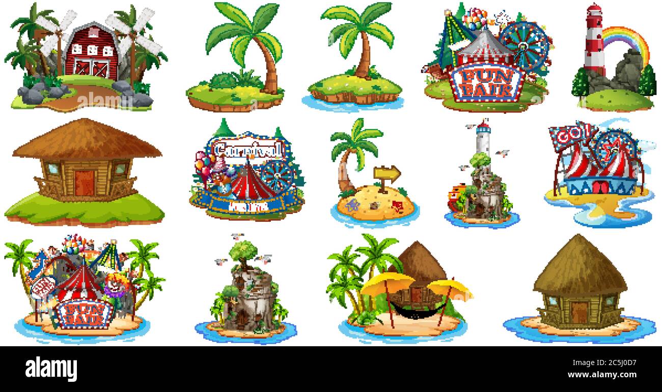 Set von verschiedenen Pony und Insel Strand Thema und Vergnügungspark und Bauernhof isoliert auf weißem Hintergrund Illustration Stock Vektor
