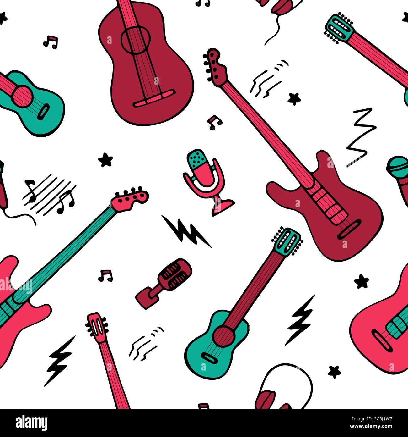 Musikmuster. Handgezeichnete Symbole für Musikinstrumente. Nahtlose Textur für Tapete oder Stoff. Vektor Stock Vektor