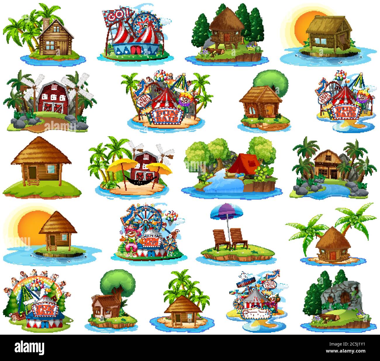 Set von verschiedenen Pony und Insel Strand Thema und Vergnügungspark isoliert auf weißem Hintergrund Illustration Stock Vektor