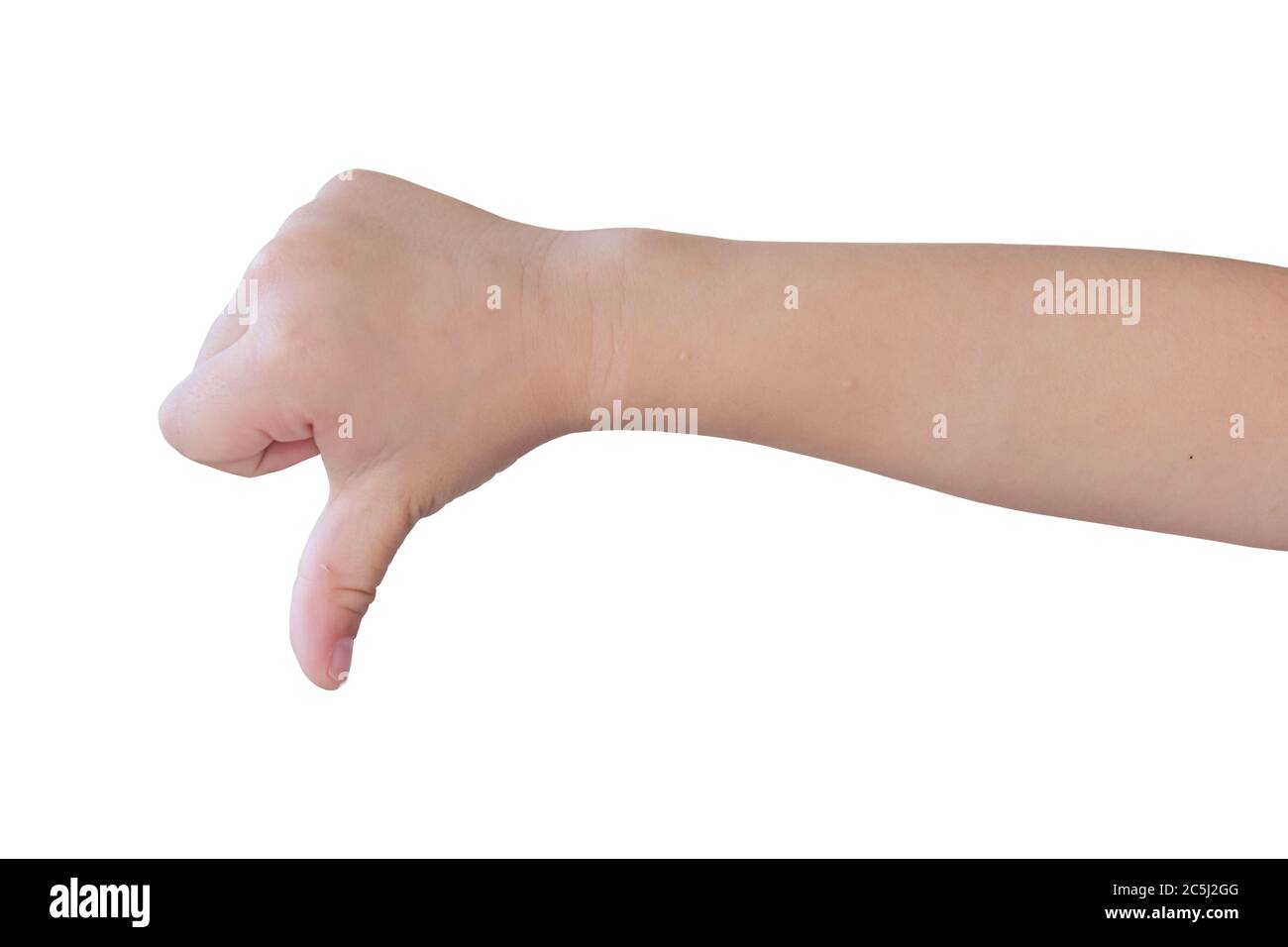 Die Kinderhand zeigt den Daumen isoliert auf weißem Hintergrund mit Beschneidungspfad. Stockfoto