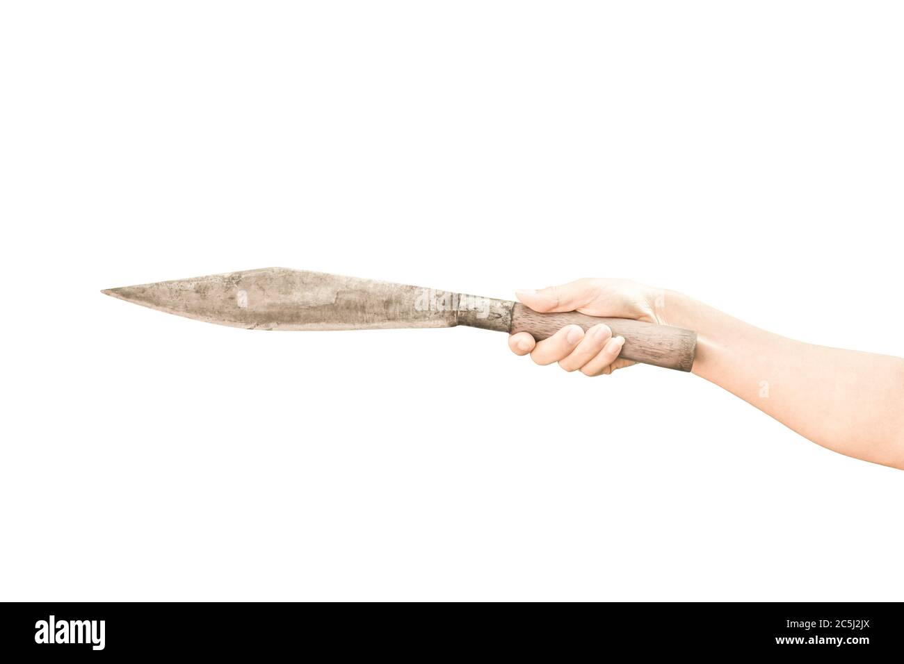 Hand hält das große Messer isoliert auf weißem Hintergrund mit Clipping-Pfad. Stockfoto