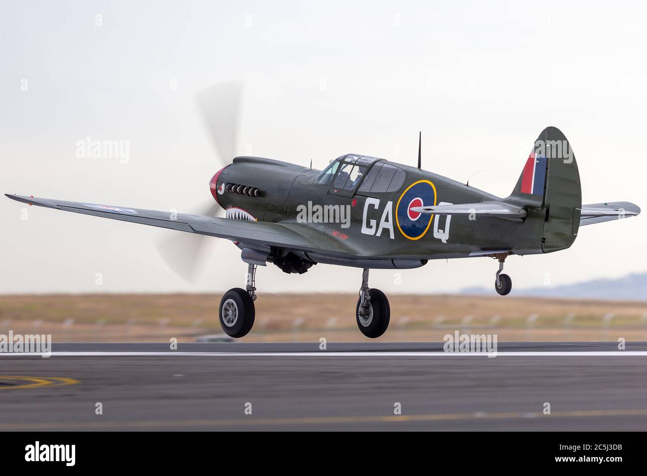 Curtiss P-40N Kittyhawk Kampfflugzeug des Zweiten Weltkriegs VH-ZOC, das vom Flughafen Avalon abfliegt. Stockfoto