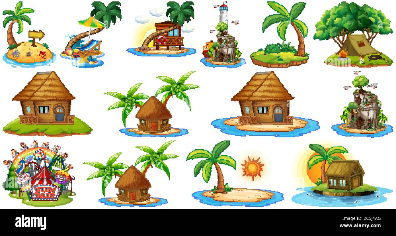 Set von verschiedenen Pony und Insel Strand Thema und Vergnügungspark isoliert auf weißem Hintergrund Illustration Stock Vektor