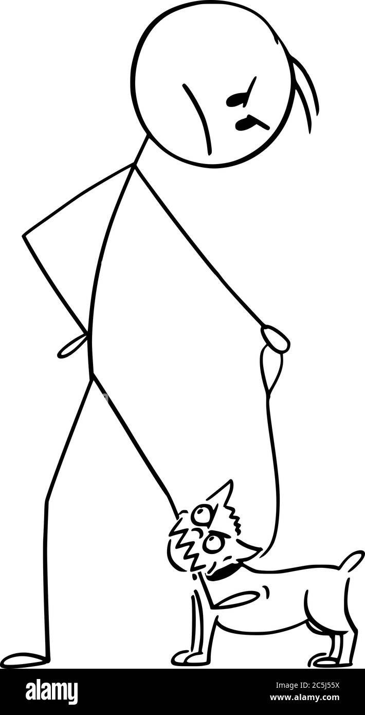 Vektor Cartoon Stick Figur Zeichnung konzeptionelle Illustration von wütenden Mann, mit seinem eigenen kleinen aggressiven Hund oder chihuahua an der Leine oder Bleibiss auf sein Bein. Stock Vektor