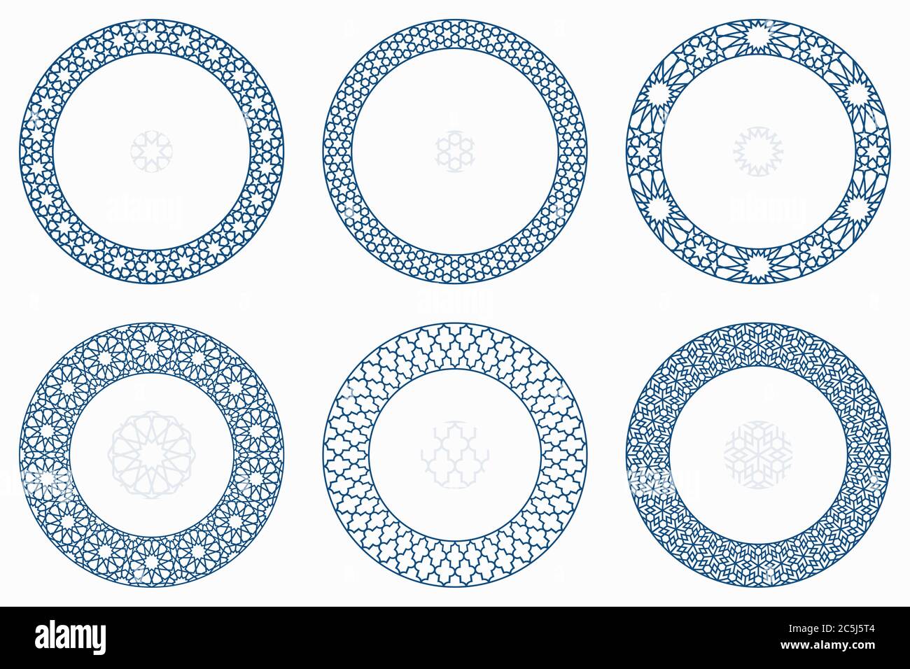 Arabische geometrische runde Muster gesetzt. Rahmen, Rahmen. Vektor-Illustration von runden islamischen Ornament-Elemente mit nahtlosen Muster Pinsel Stock Vektor