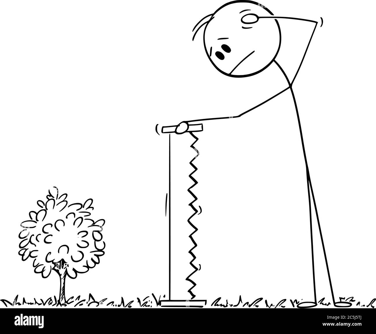 Vektor Cartoon Stick Figur Zeichnung konzeptionelle Illustration von ratlos Mann mit großer Hand Säge Blick auf kleine junge Pflanze Baum, zu klein, um für Brennholz geschnitten werden. Stock Vektor