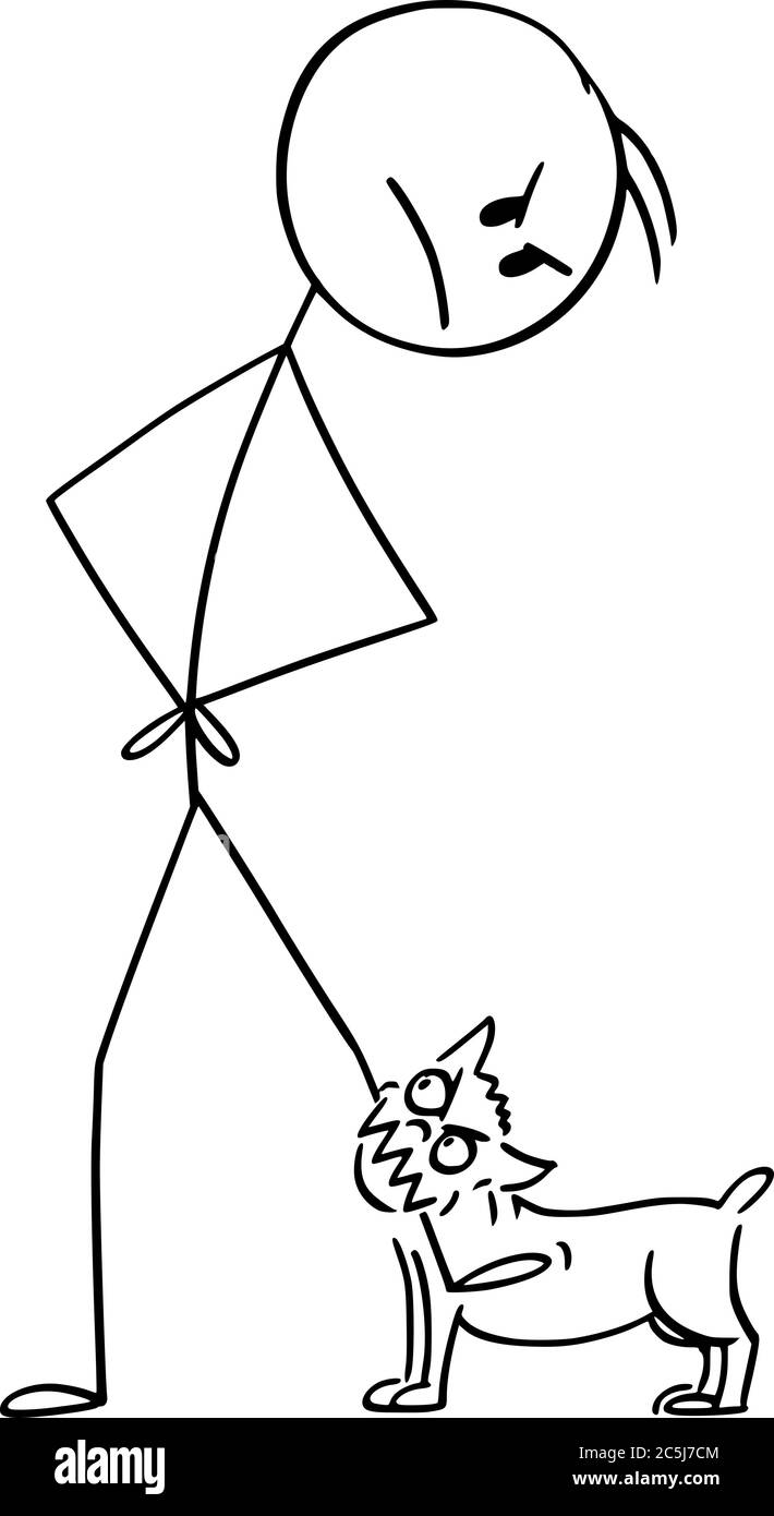 Vektor Cartoon Stick Figur Zeichnung konzeptionelle Illustration von wütenden Mann mit kleinen aggressiven Hund oder chihuahua Biss auf sein Bein. Stock Vektor