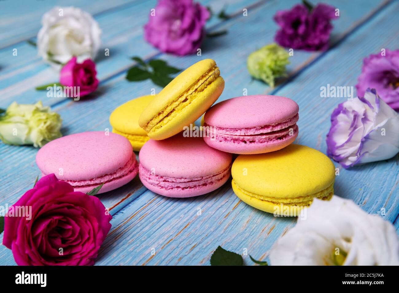 Rosa und gelbe Macarons mit Blumen auf blauem Holztisch Stockfoto