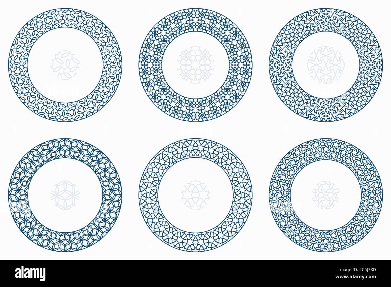 Arabische geometrische runde Muster gesetzt. Rahmen, Rahmen. Vektor-Illustration von runden islamischen Ornament-Elemente mit nahtlosen Muster Pinsel Stock Vektor