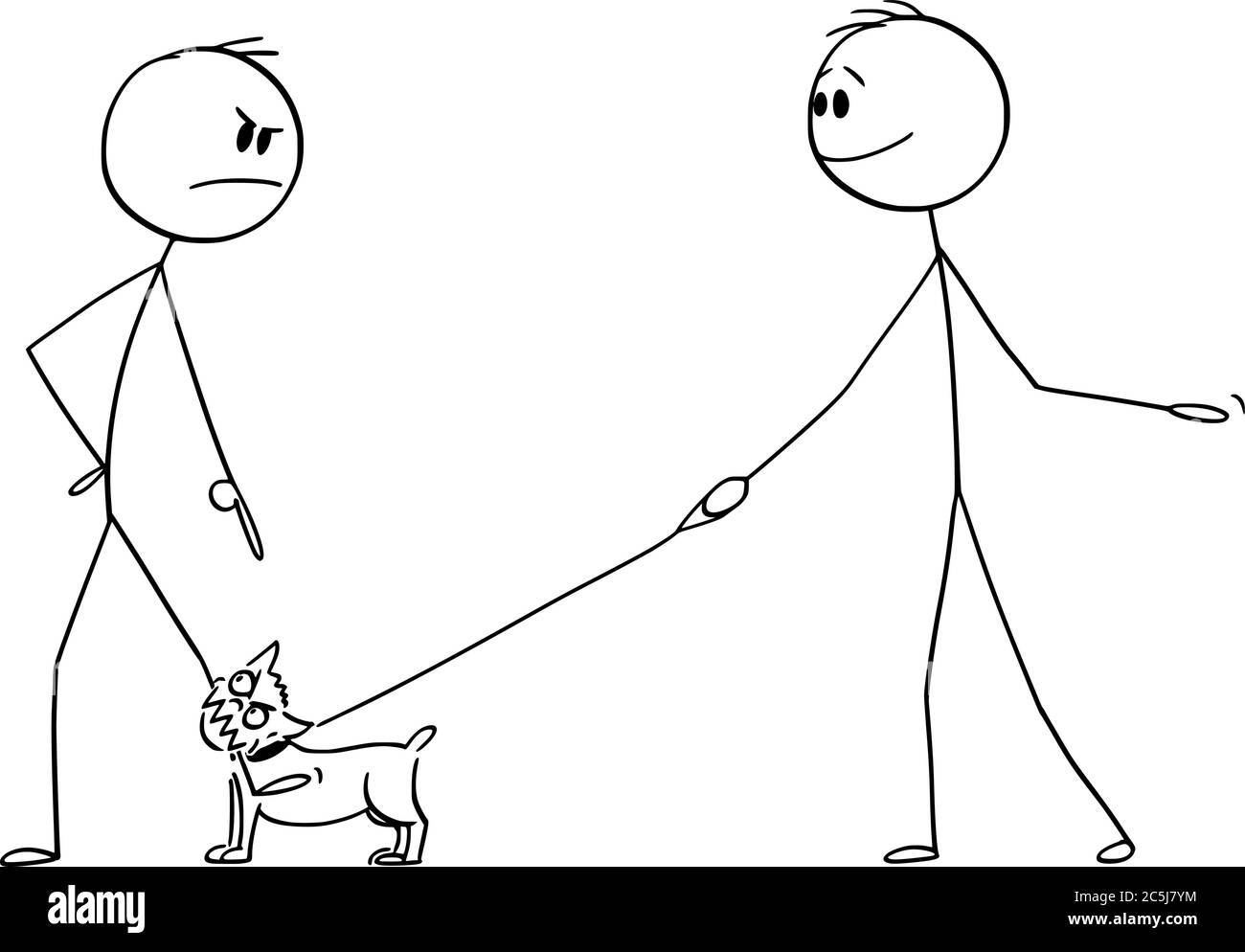 Vektor Cartoon Stick Figur Zeichnung konzeptionelle Illustration von wütenden Mann mit kleinen aggressiven Hund oder chihuahua an der Leine oder Bleibiss auf sein Bein. Der Besitzer lächelt. Stock Vektor