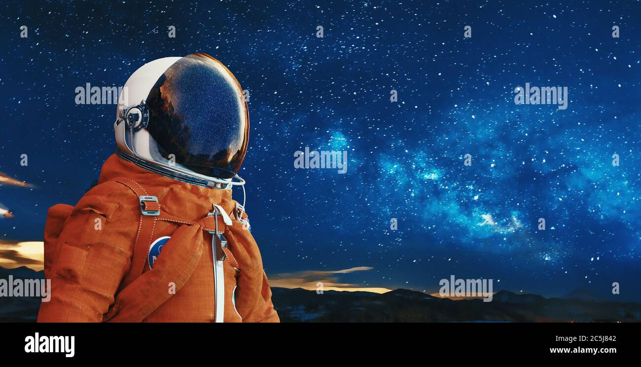 Abenteuer des Raumfahrers. Gemischte Medien. 3d-Rendering Stockfoto