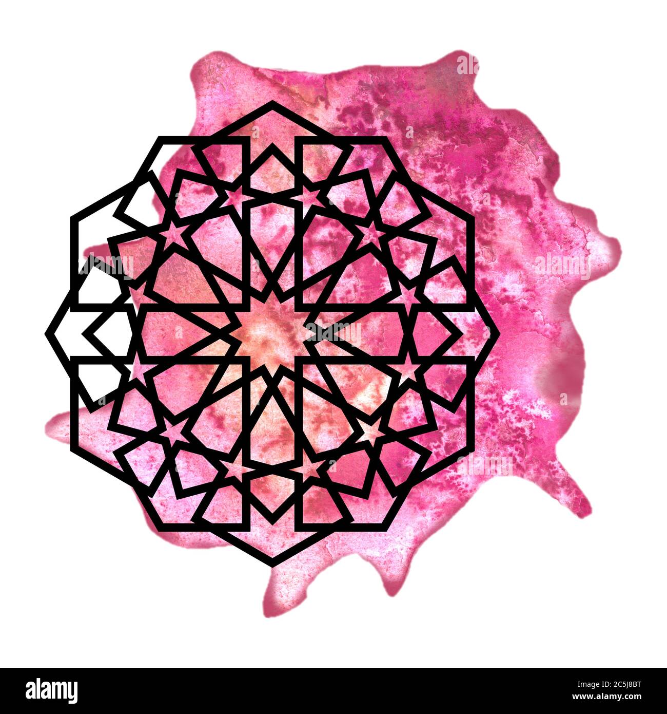 Arabeske runde geometrische Element mit Aquarell-Splash. Mandala-Kunstdesign Stockfoto