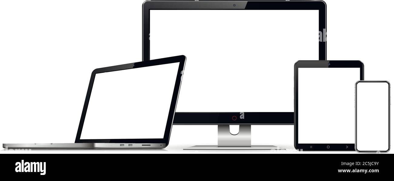 Gerätemodup. Satz von Computermonitor, Laptop, Mobiltelefon und Tablet-pc auf weißem Hintergrund isoliert. Stock Vektor
