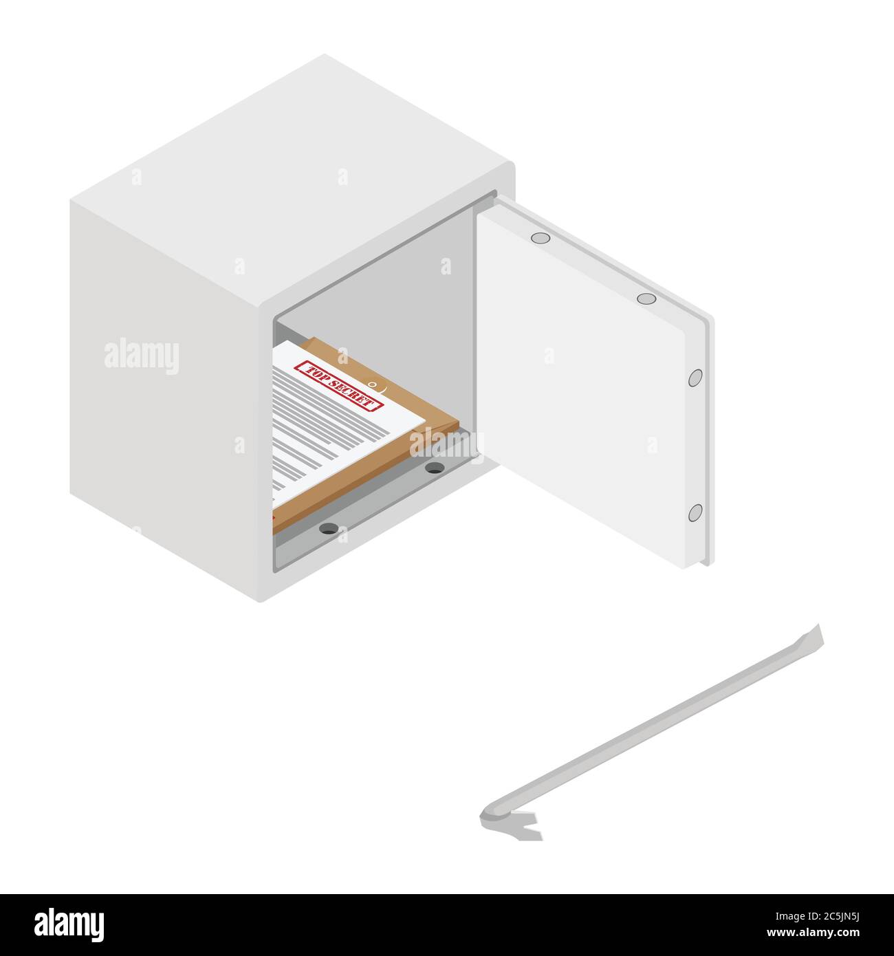 Metall Stahl Geldbank Safe mit Top geheimen Dokument und Brecheisen Vektor-Symbol isometrische Ansicht. In Sicherheit einbrechen Stock Vektor