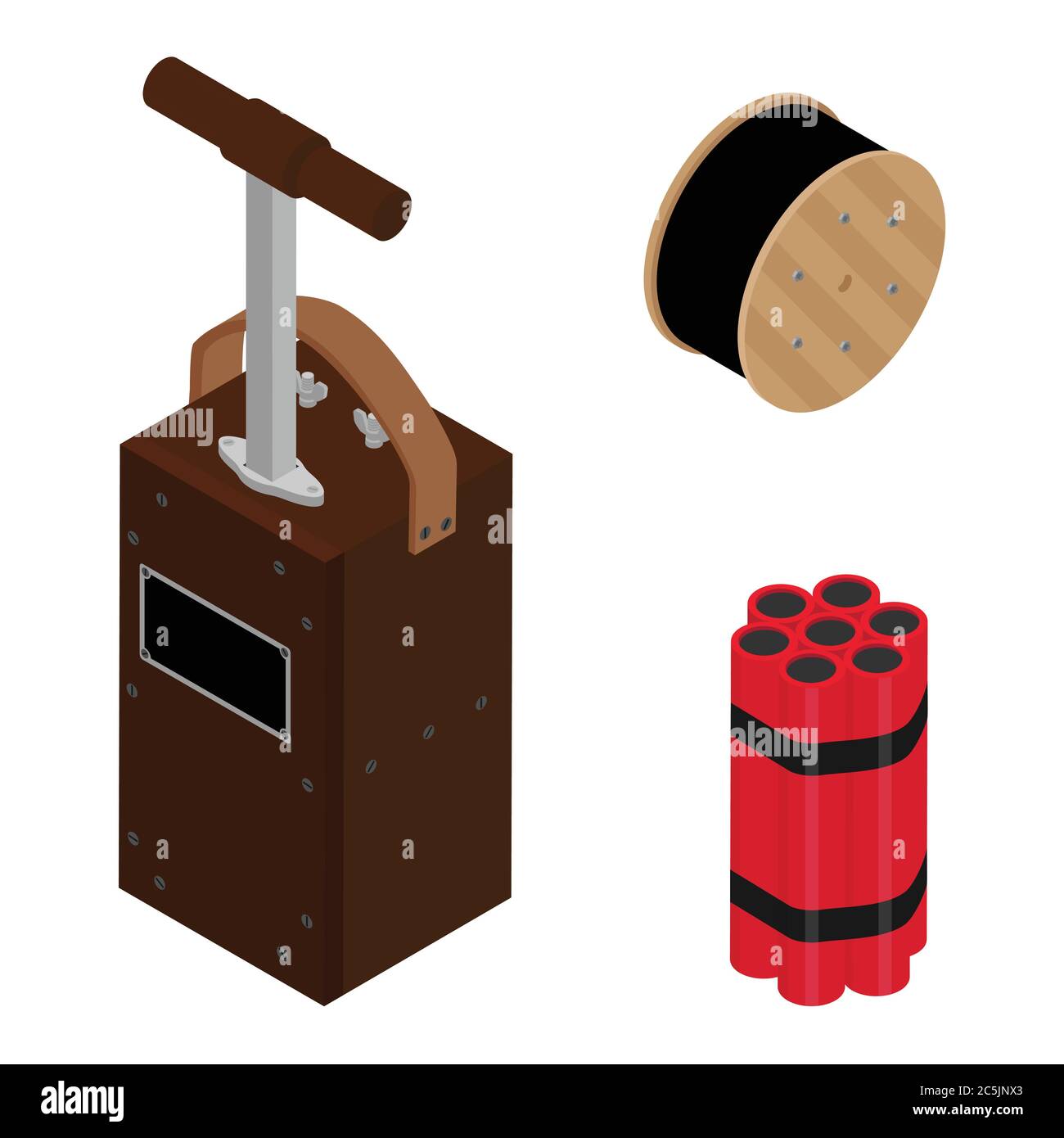 Strahlmaschine oder Detonatorbox, Dynamit-Stöcke und schwarze elektrische Kabelrolle isoliert auf weißem Hintergrund isometrischer Ansichtsvektor eingestellt. Achtung Stock Vektor