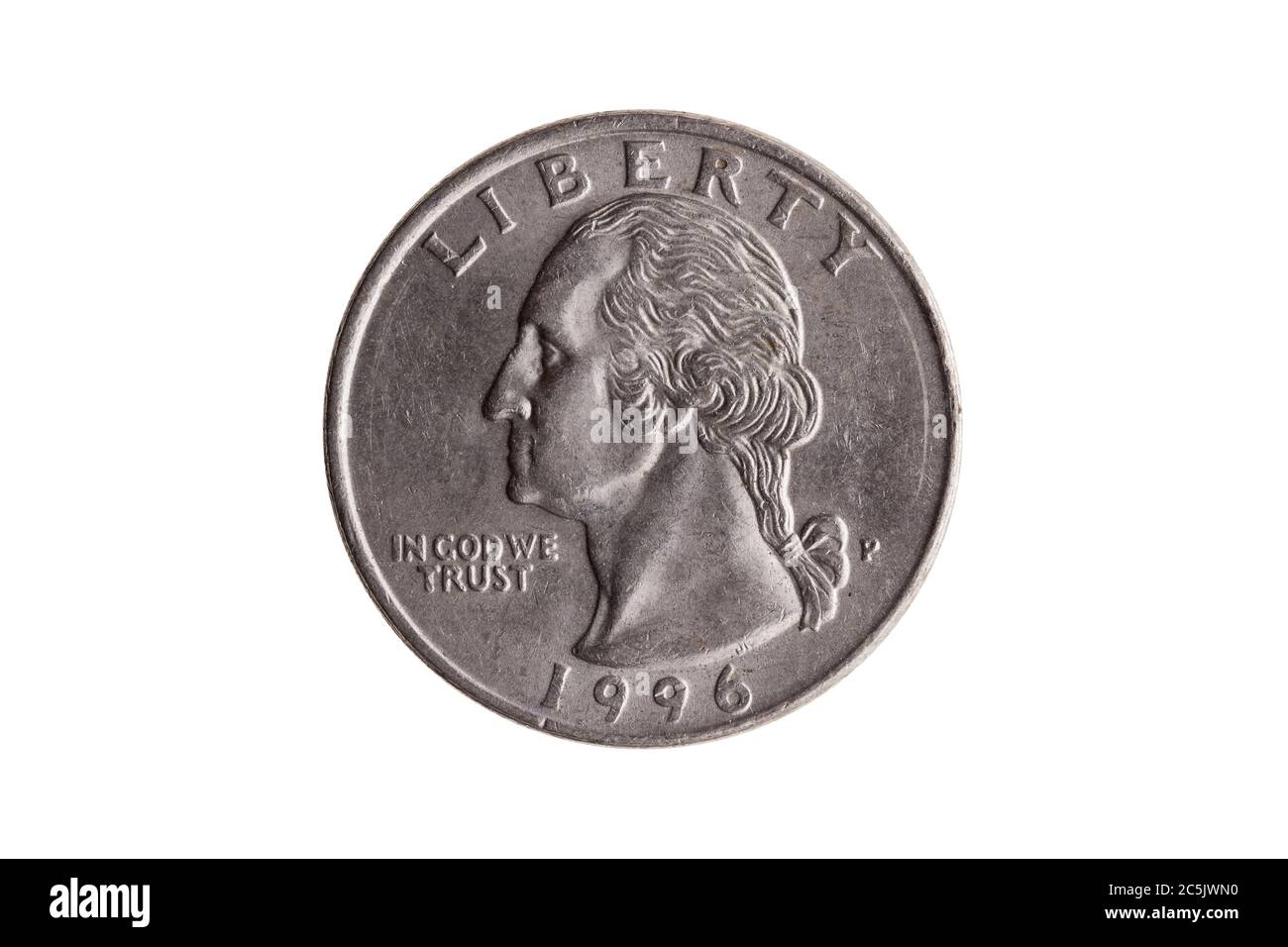 USA Viertel Dollar Nickel Münze (25 Cent) mit einem Porträt von George Washington geschnitten und isoliert auf einem weißen Hintergrund Stockfoto