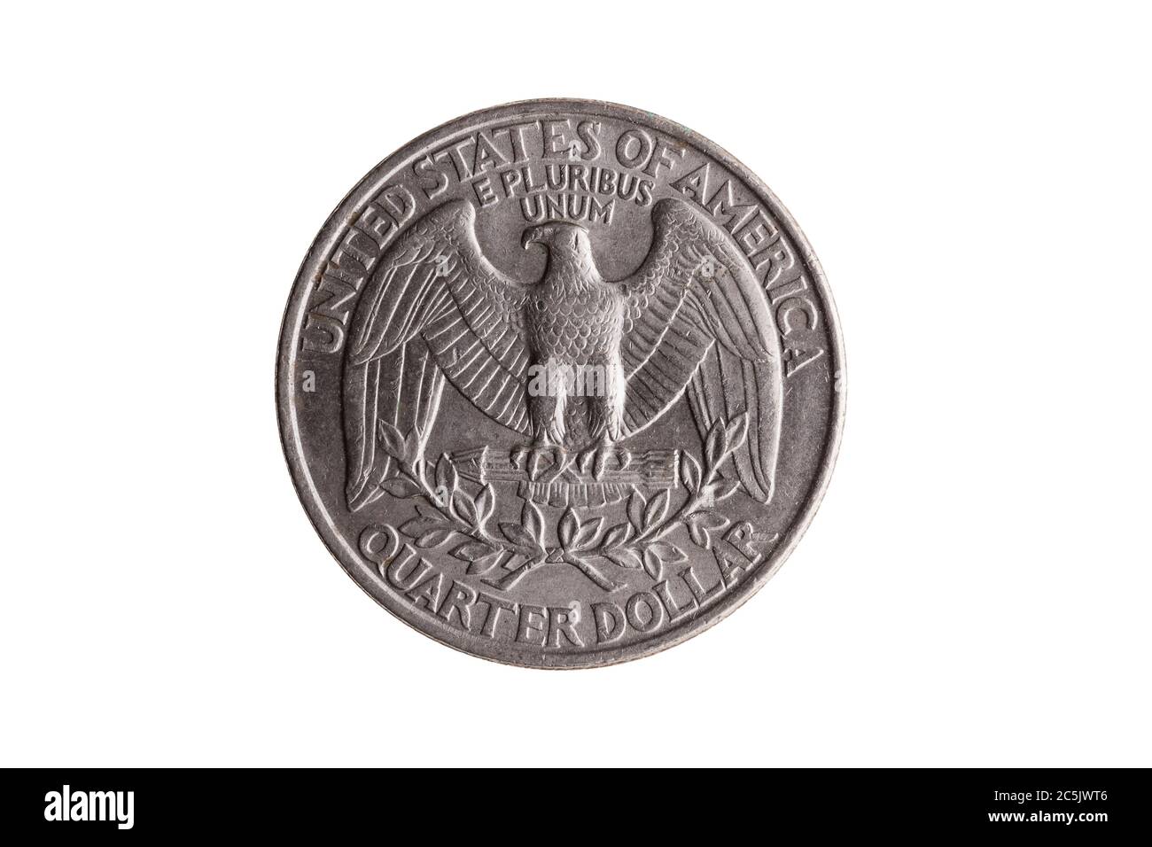USA Viertel Dollar Nickel Münze (25 Cent) Rückseite mit einem Weißadler mit Flügeln ausgebreitet ausgeschnitten und isoliert auf einem weißen Hintergrund Stockfoto