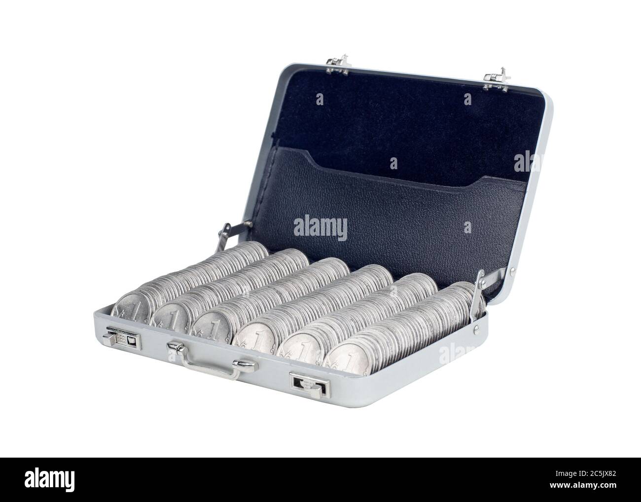 Aluminiumkoffer mit Geld. Isoliert auf Weiß Stockfoto