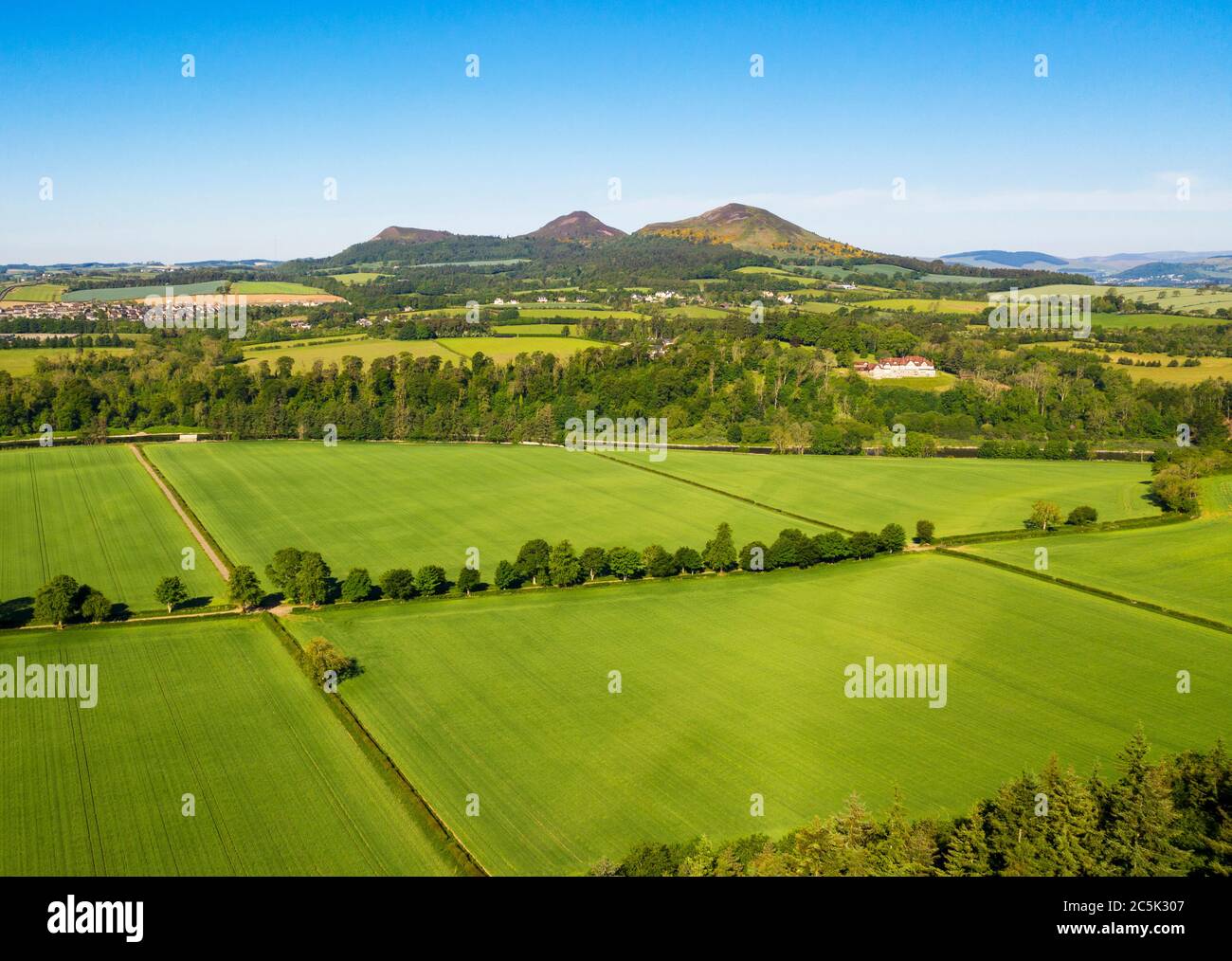 Blick auf das Tweed Valley und die Eildon Hills von Bemersyde, in der Nähe von Dryburgh, Scottish Borders. Stockfoto