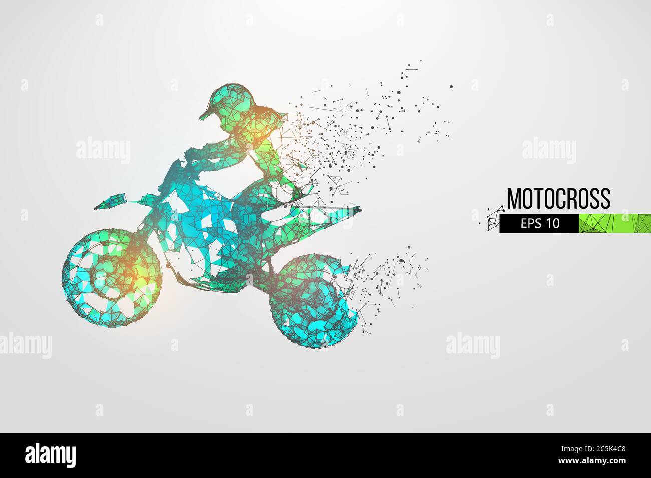 Abstrakte Silhouette eines Drahtmodell Motocross-Fahrer aus Partikeln auf dem weißen Hintergrund. Bequeme Organisation der eps-Datei. Vektorgrafiken. T Stock Vektor