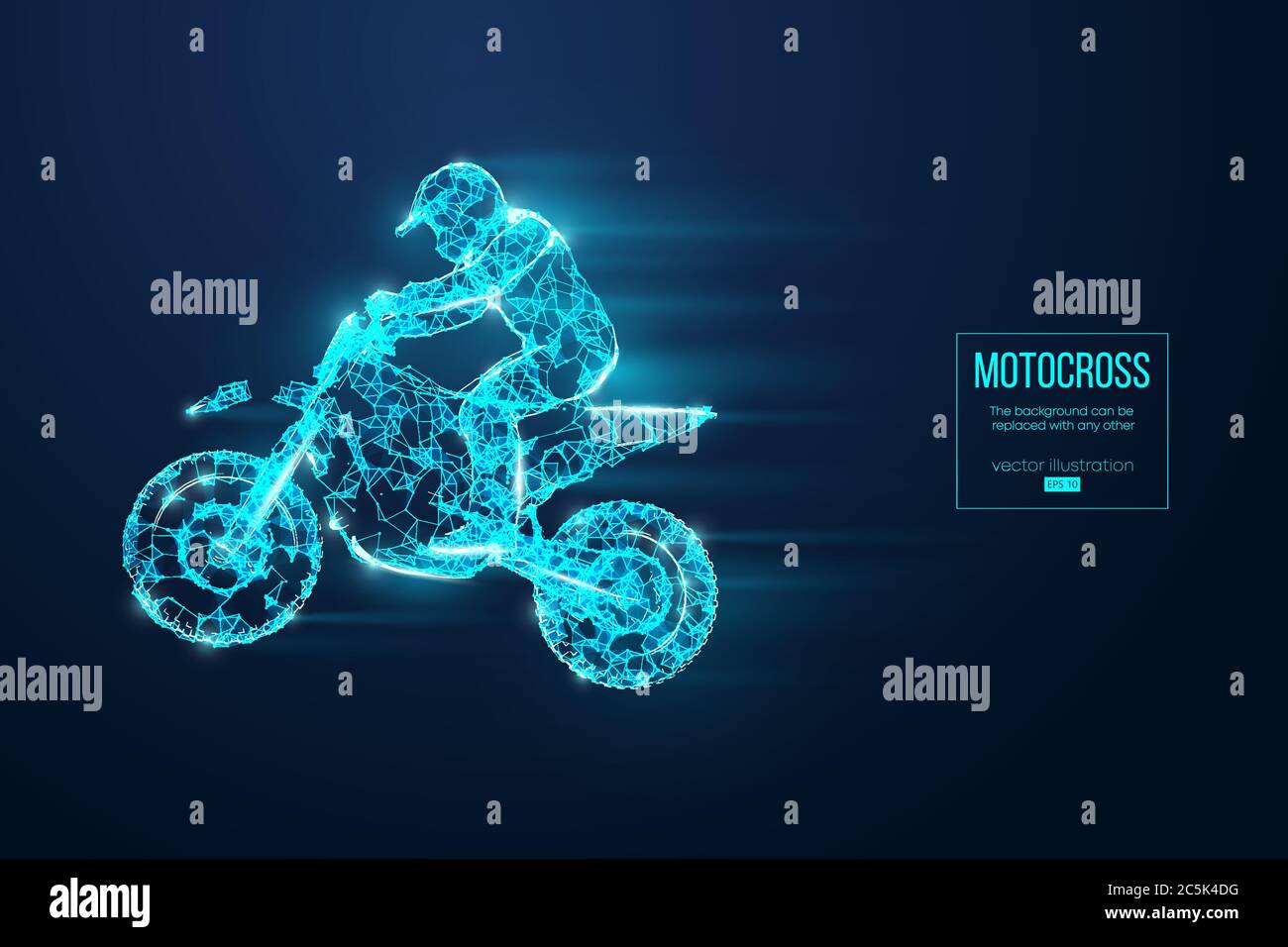 Abstrakte Silhouette eines Wireframe Motocross-Fahrer aus Partikeln auf dem blauen Hintergrund. Bequeme Organisation der eps-Datei. Vektorgrafiken. Th Stock Vektor