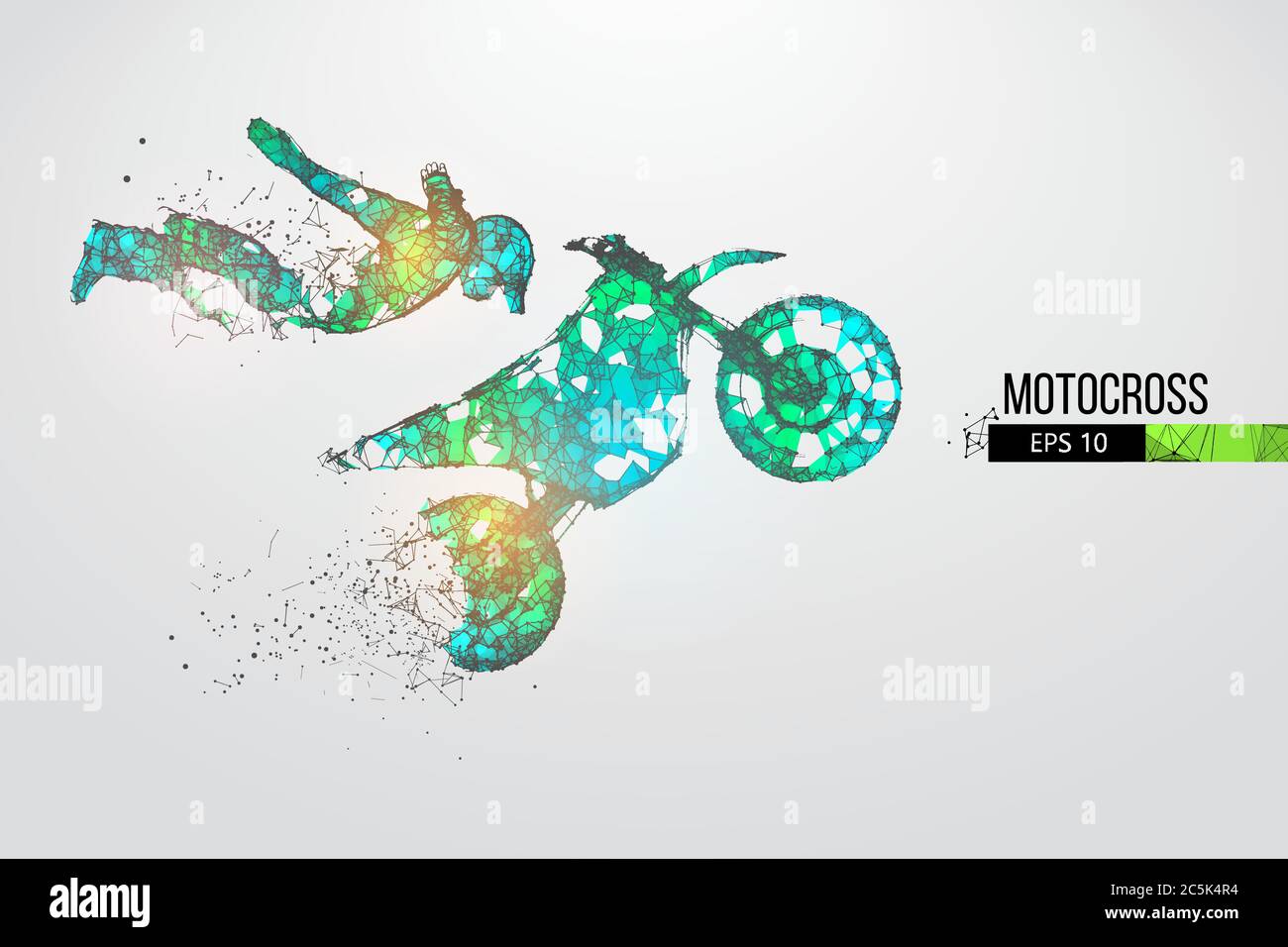 Abstrakte Silhouette eines Drahtmodell Motocross-Fahrer aus Partikeln auf dem weißen Hintergrund. Bequeme Organisation der eps-Datei. Vektorgrafiken. T Stock Vektor