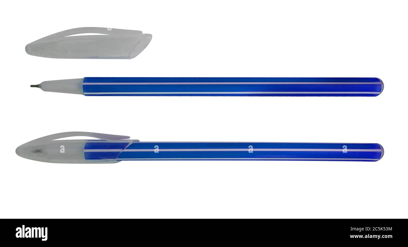 Blaue Kugelschreiber isoliert auf weiß. Beschneidungspfad enthalten. Stockfoto