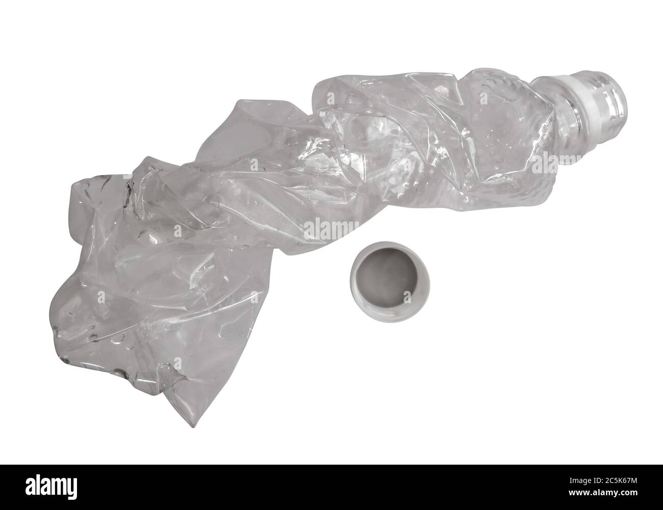 Zerquetschte Plastikflasche isoliert auf weiß. Foto mit Beschneidungspfad. Stockfoto