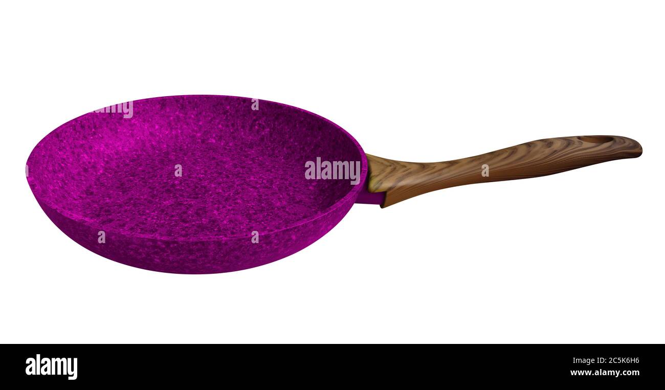 Bratpfanne mit violettem Stein isoliert auf Weiß. Beschneidungspfad enthalten. Stockfoto