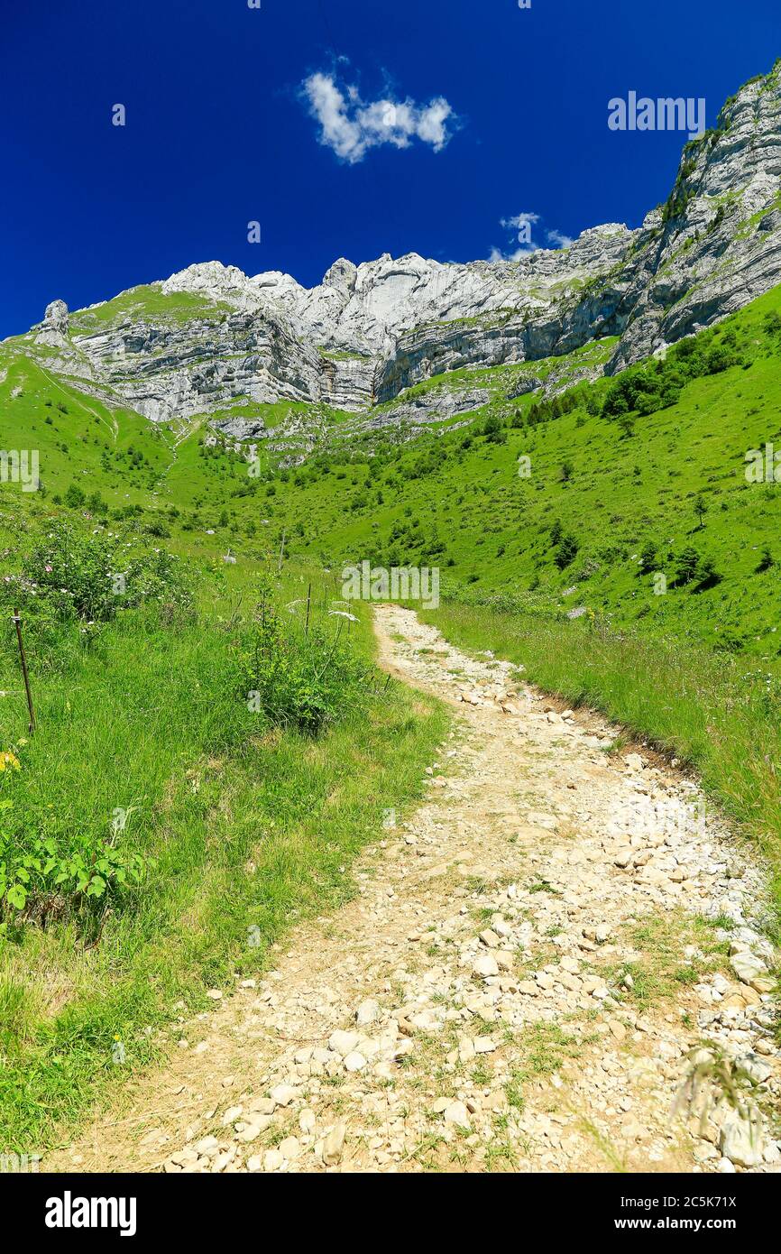 Bergweg in den französischen Alpen. Stockfoto