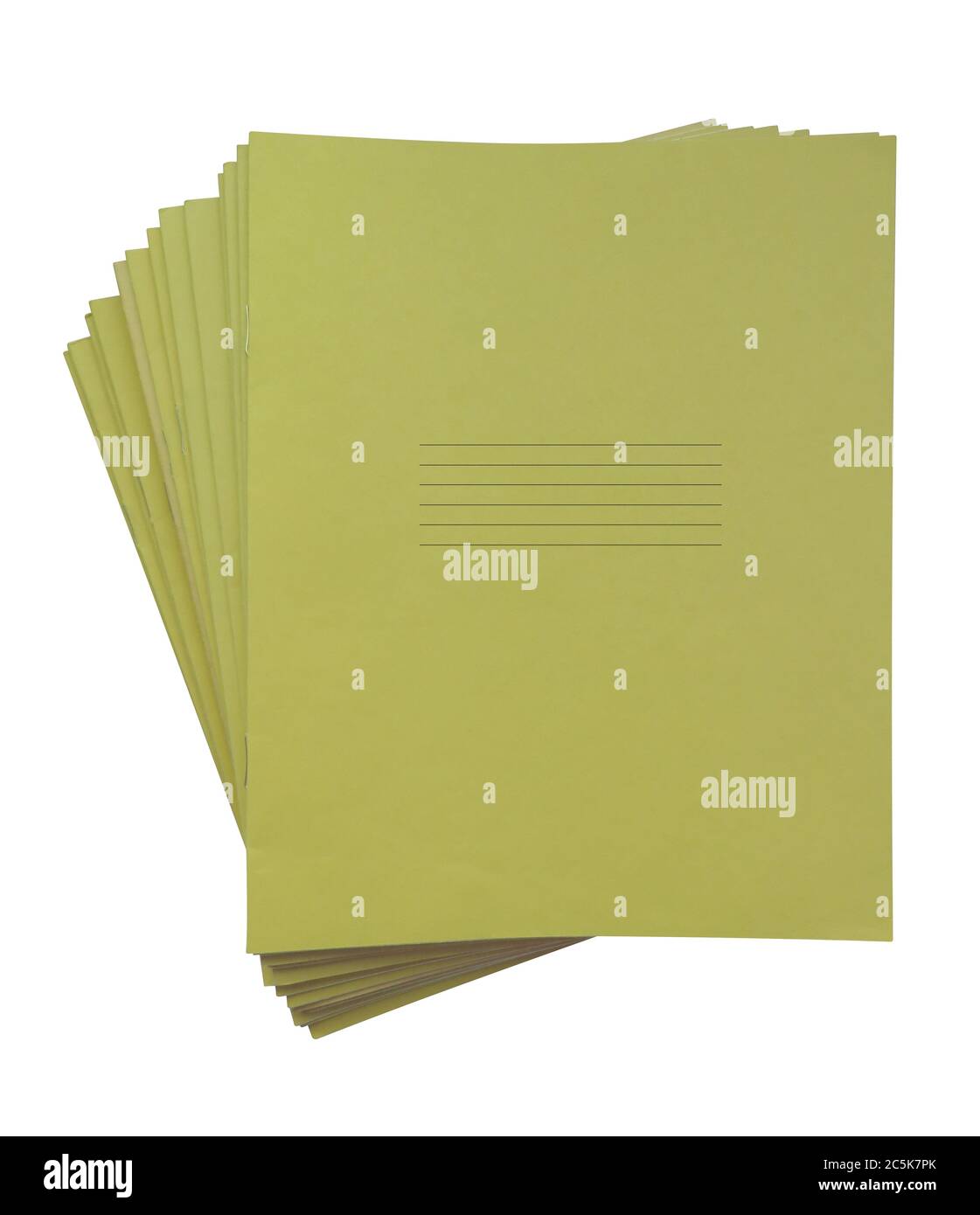 Stapel von gelben Notizbüchern isoliert auf einem weißen. Beschneidungspfad enthalten. Stockfoto