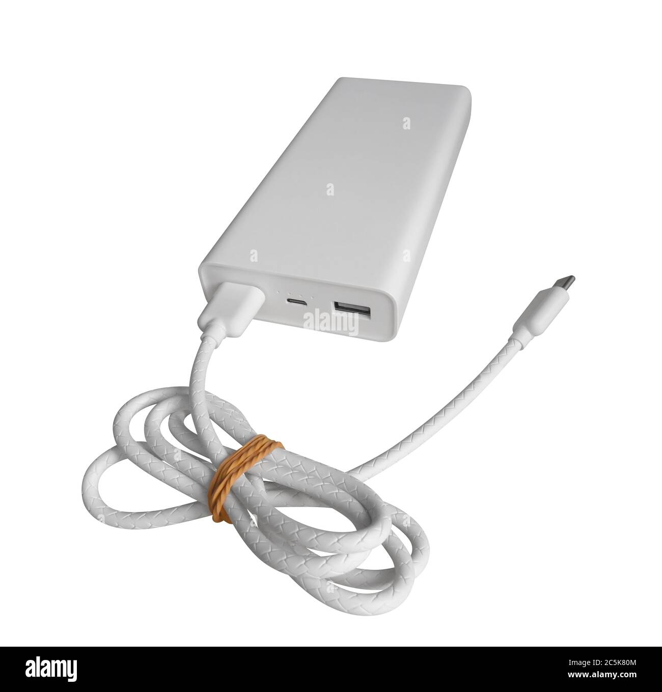 Powerbank zum Laden von mobilen Geräten isoliert auf weißem Hintergrund mit Clipping-Pfad. Stockfoto