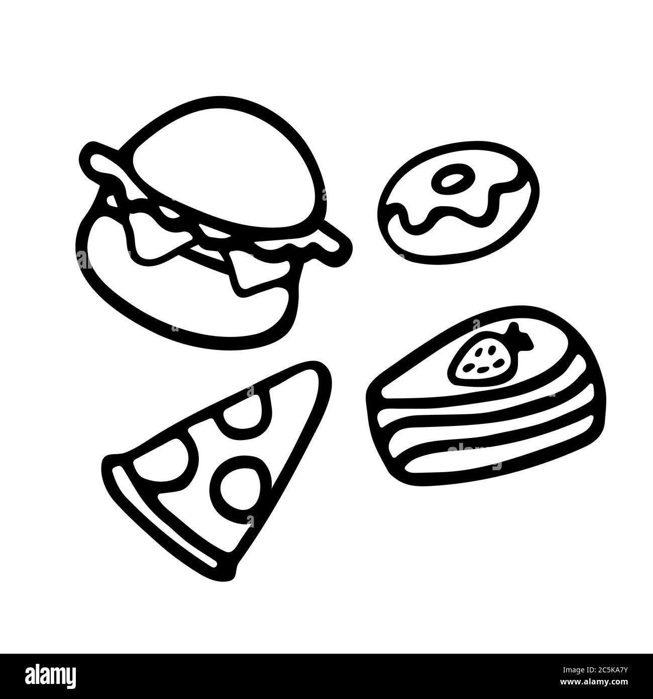 Junk Food. Handgezeichnete Ikonen Pizza Burger Kuchen und Donut. Handgezeichnete Doodle-Elemente. Stock Vektor