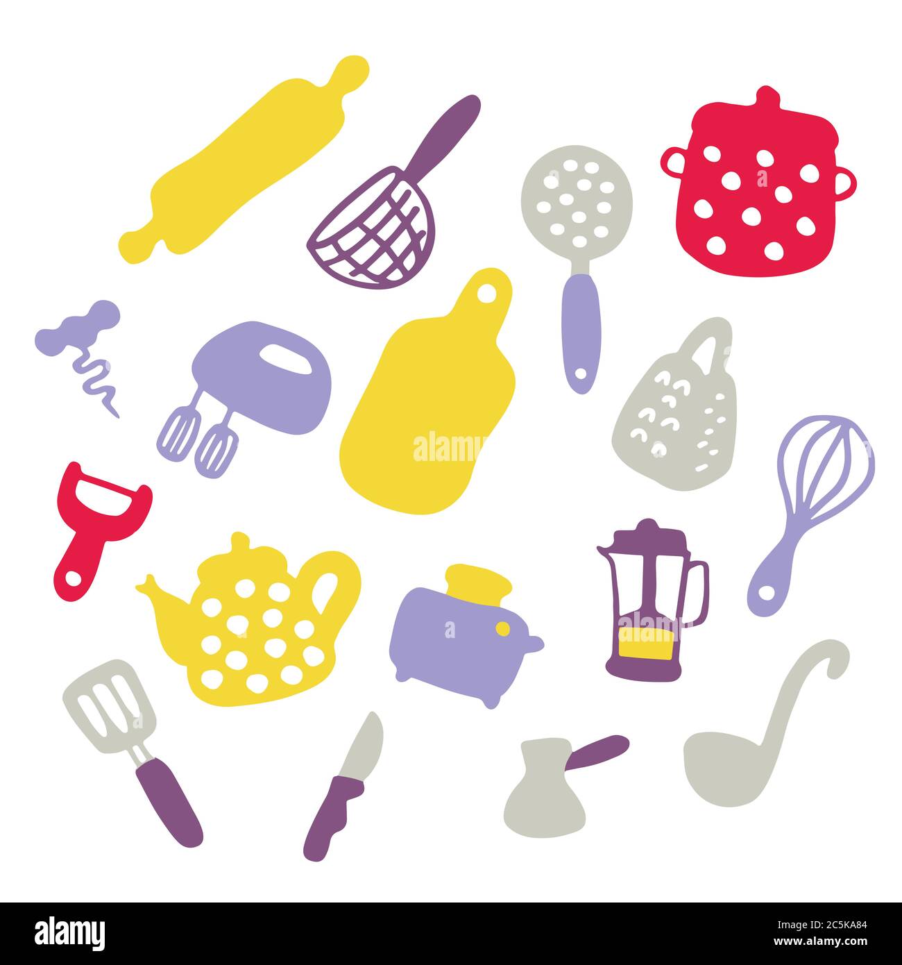 Doodle Icons Set von Küchengeräten und Objekten. Handgezeichnete Kochartikel. Haushaltsgeräte und Haushaltswaren. Stock Vektor