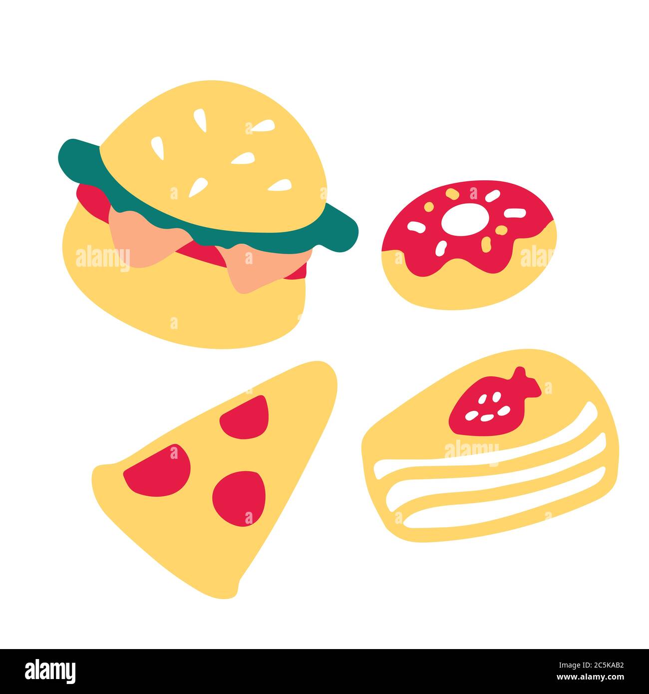 Junk Food. Handgezeichnete Ikonen Pizza Burger Kuchen und Donut. Handgezeichnete Doodle-Elemente. Stock Vektor