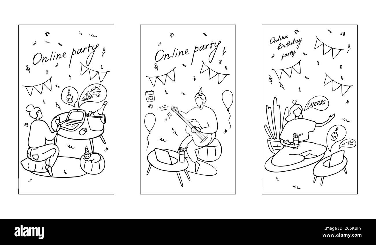 Online-Party. Satz vertikaler Webbanner. Sammlung von Tapeten für Social Media Geschichten, Karten, Flyer, Plakate, Banner und andere Werbung Stock Vektor
