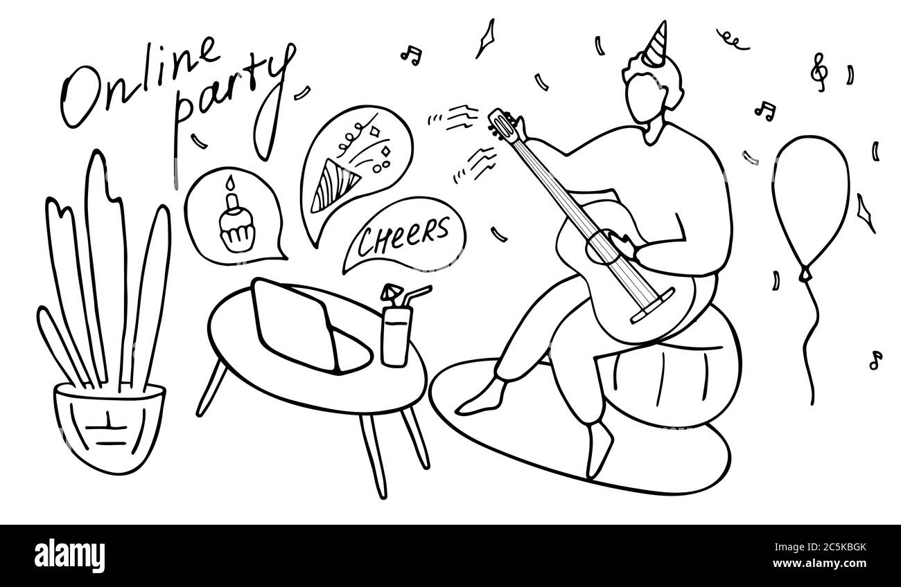 Der Mann spielt Gitarre während einer Online-Party. Virtuelle Geburtstagsfeier, Videoanruf. Moderner Lebensstil, Online-Leben. Lineare Doodle Vektordarstellung Stock Vektor