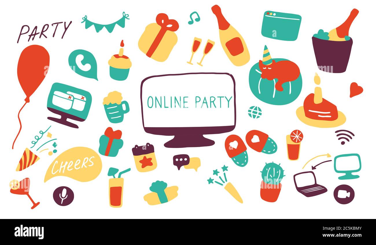 Symbol für Online-Party eingestellt. Doodle Feier Zeichen. Handgezeichnete flache Vektorgrafik Stock Vektor