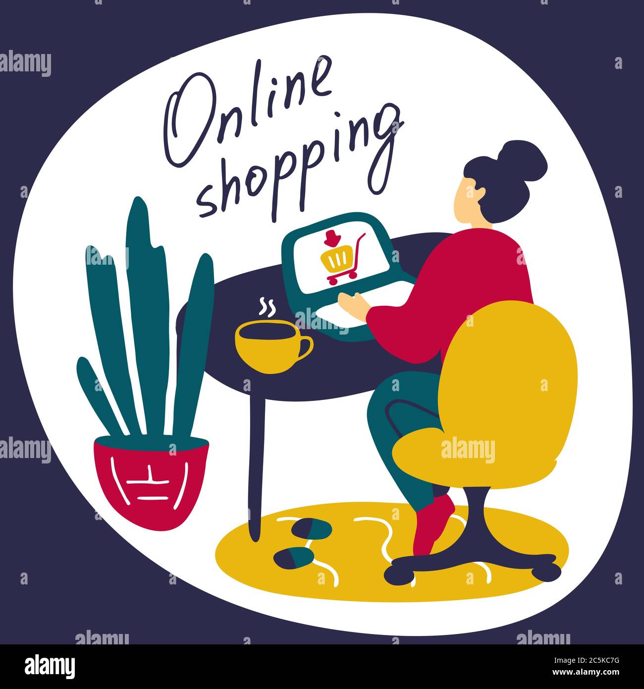 Bleiben und arbeiten Sie von zu Hause aus. Online-Shopping von zu Hause aus Diring Epidemie. Soziale Distanz, Quarantänekonzept. Flache Vektorgrafik Stock Vektor