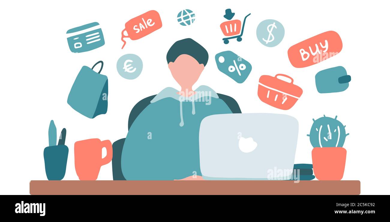 Mann arbeiten und online einkaufen für die Zeit der Quarantäne. Person kann nicht zu Hause verlassen und bestellen Lebensmittel und Waren im Online-Shop Stock Vektor