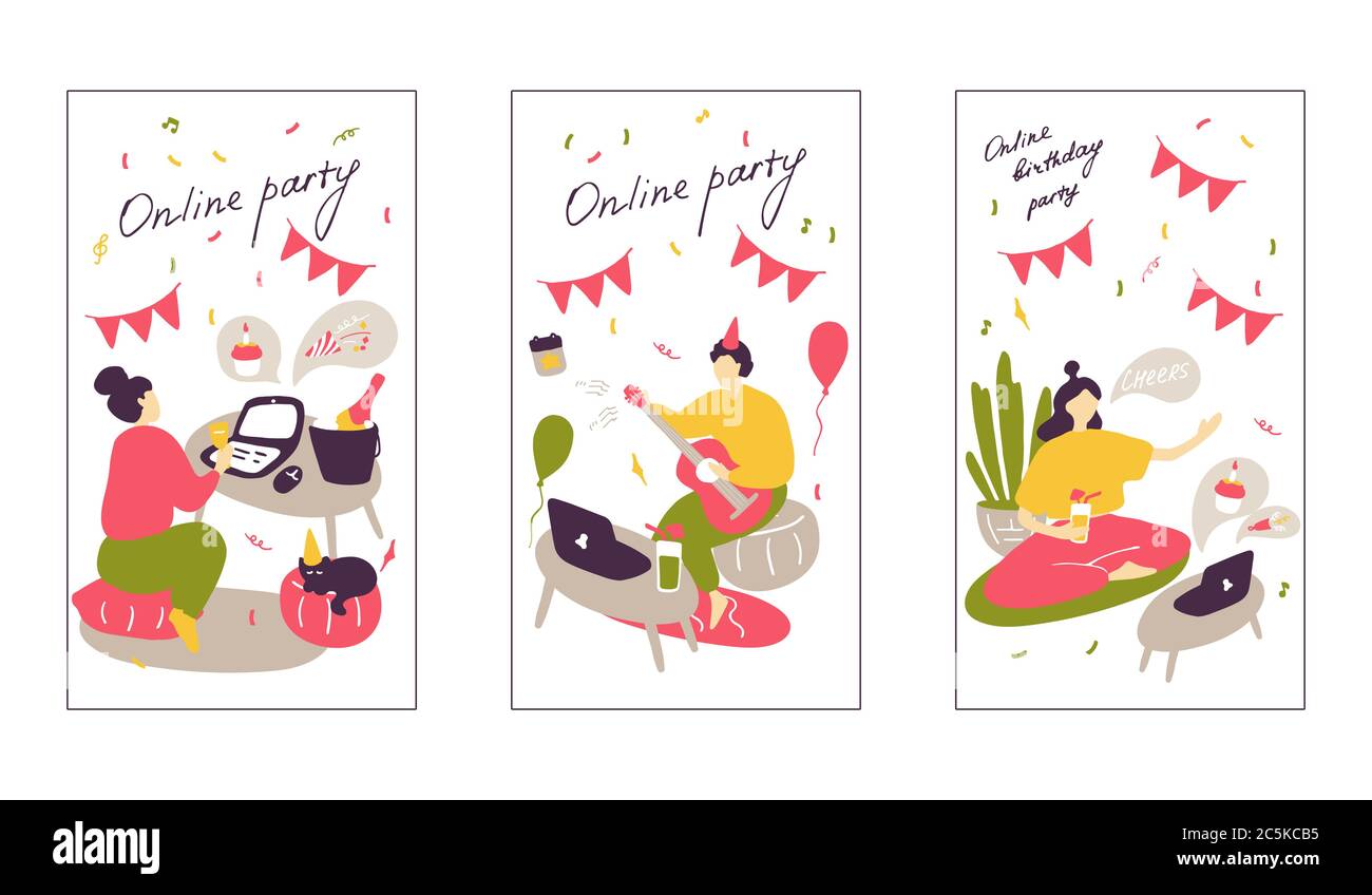 Online-Party. Satz vertikaler Webbanner. Sammlung von Tapeten für Social Media Geschichten, Karten, Flyer, Plakate, Banner und andere Werbung Stock Vektor