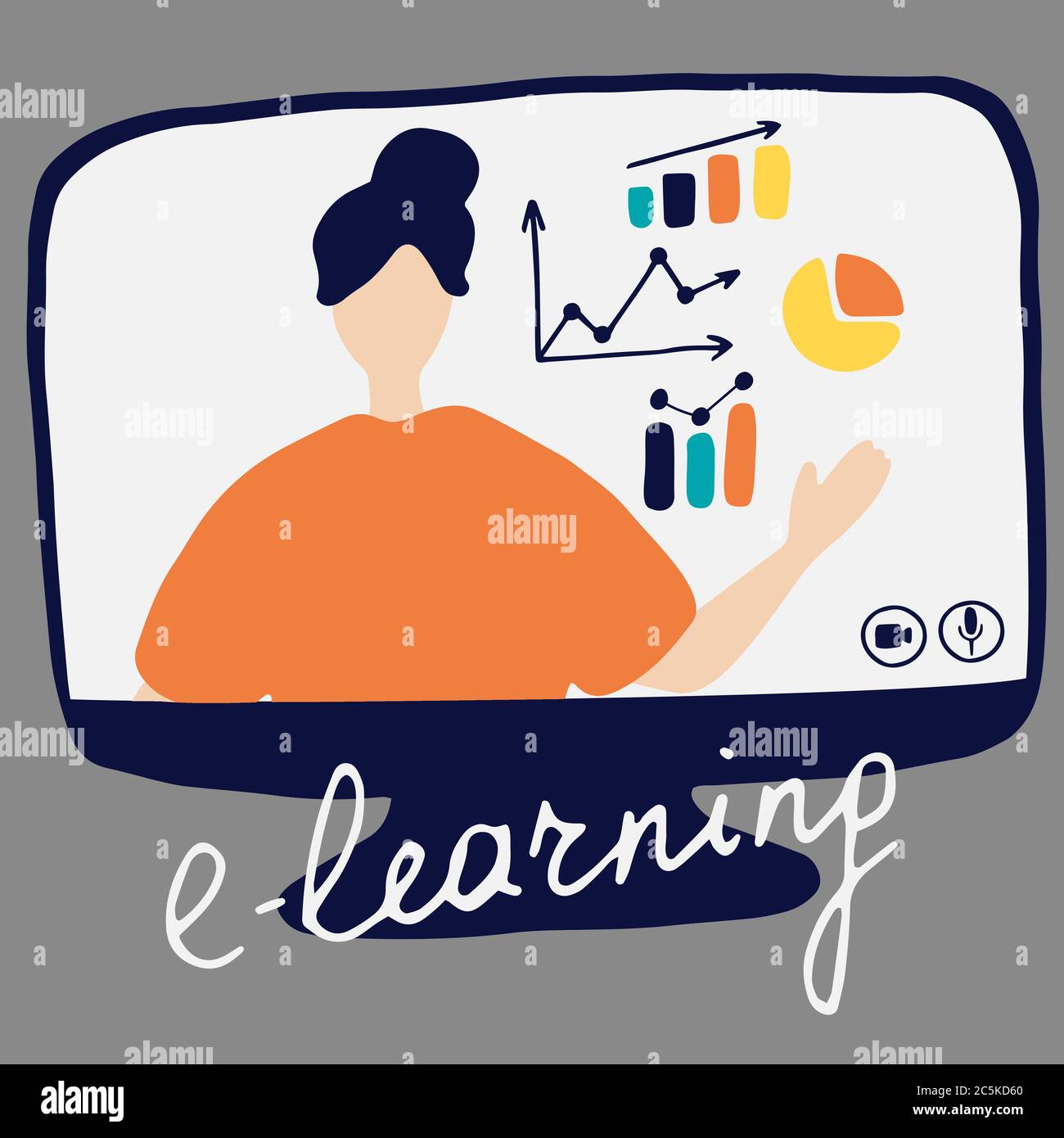 Online-Lehrer erklärt die Diagramme auf dem Monitor. Vektor-flache Illustration für Online-Bildung, Lernen, E-Learning-Konzept Stock Vektor