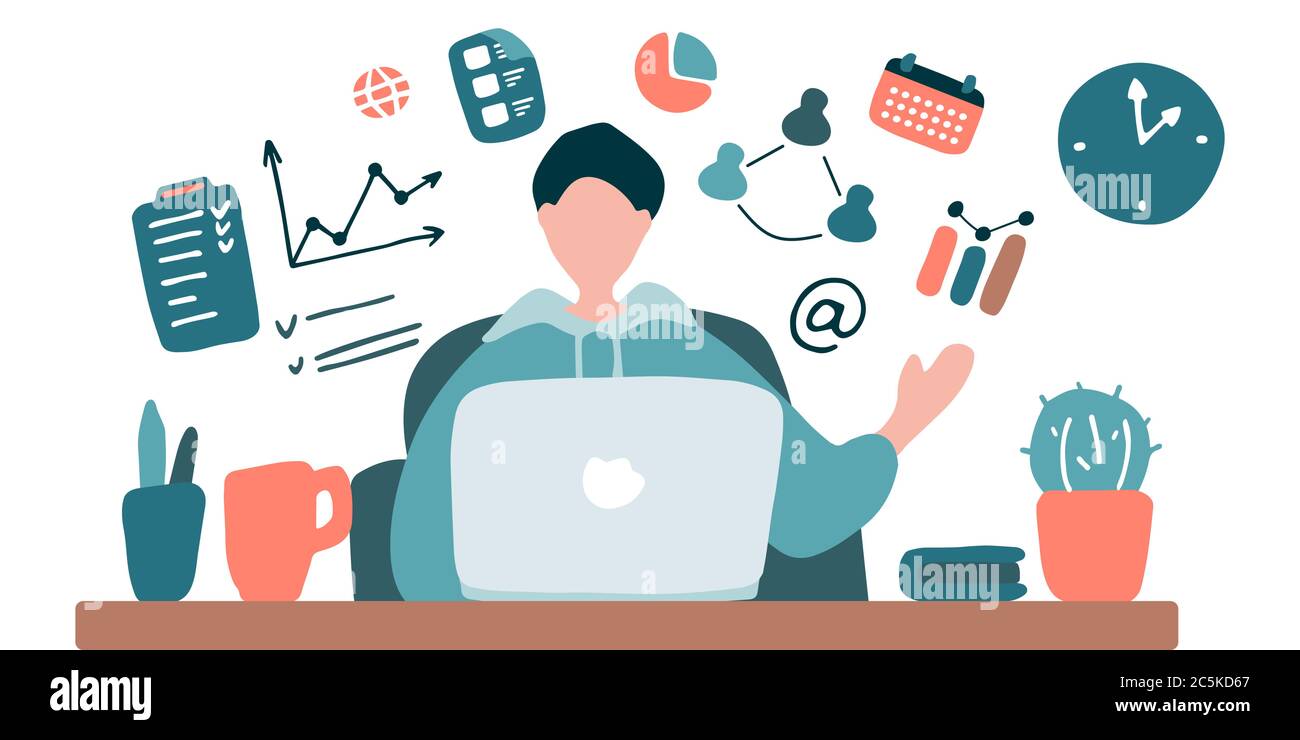 Man lehrt online. Blogger streamt. Guy Training online. Online-Universität, Videokonferenz, Remote-Arbeit, E-Learning-Konzept. Hand flach gezeichnet Stock Vektor